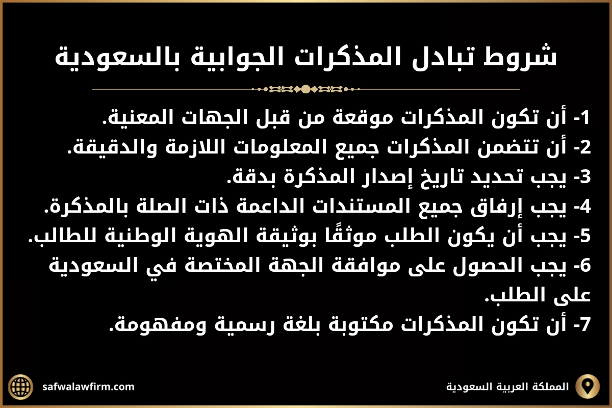 شروط تبادل المذكرات الجوابية بالسعودية 
1- أن تكون المذكرات موقعة من قبل الجهات المعنية.
2- أن تتضمن المذكرات جميع المعلومات اللازمة والدقيقة.
3- يجب تحديد تاريخ إصدار المذكرة بدقة.
4- يجب إرفاق جميع المستندات الداعمة ذات الصلة بالمذكرة.
5- يجب أن يكون الطلب موثقًا بوثيقة الهوية الوطنية للطالب.
6- يجب الحصول على موافقة الجهة المختصة في السعودية على الطلب.
7- أن تكون المذكرات مكتوبة بلغة رسمية ومفهومة.