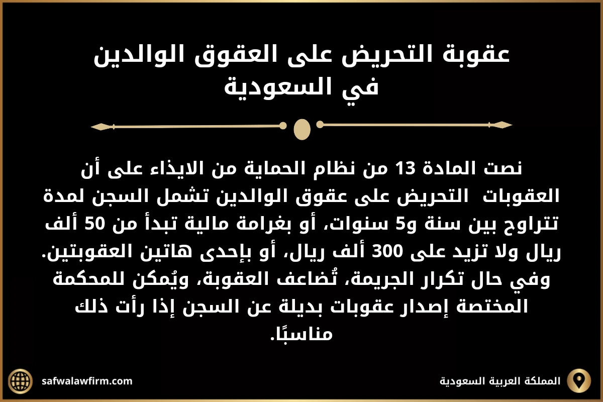 عقوبة عقوق الوالدين في السعودية 2 عقوبة التحريض على العقوق الوالدين في السعودية نصت المادة 13 من نظام الحماية من الايذاء على أن العقوبات التحريض على عقوق الوالدين تشمل السجن لمدة تتراوح بين سنة و5 سنوات، أو بغرامة مالية تبدأ من 50 ألف ريال ولا تزيد على 300 ألف ريال، أو بإحدى هاتين العقوبتين. وفي حال تكرار الجريمة، تُضاعف العقوبة، ويُمكن للمحكمة المختصة إصدار عقوبات بديلة عن السجن إذا رأت ذلك مناسبًا.