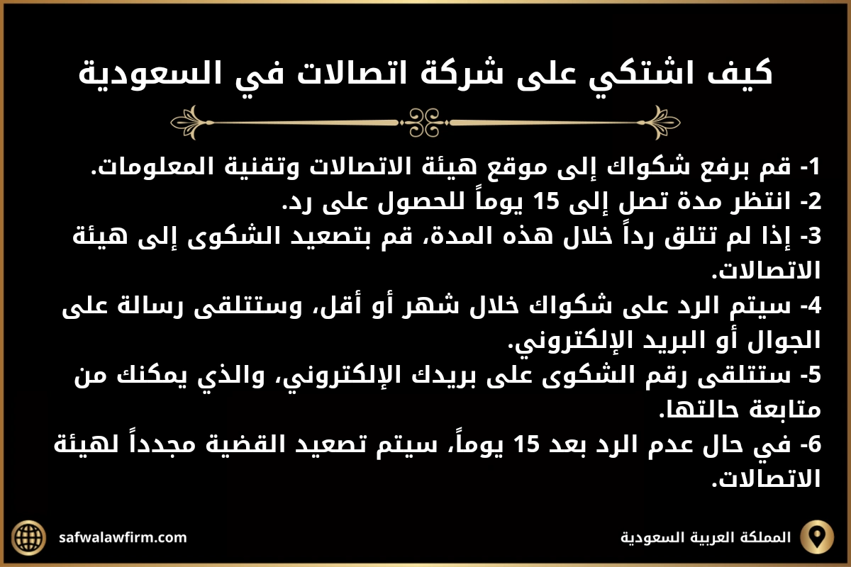 كيف اشتكي على شركة اتصالات في السعودية 2 كيف اشتكي على شركة اتصالات في السعودية 1- قم برفع شكواك إلى موقع هيئة الاتصالات وتقنية المعلومات. 2- انتظر مدة تصل إلى 15 يوماً للحصول على رد. 3- إذا لم تتلق رداً خلال هذه المدة، قم بتصعيد الشكوى إلى هيئة الاتصالات. 4- سيتم الرد على شكواك خلال شهر أو أقل، وستتلقى رسالة على الجوال أو البريد الإلكتروني. 5- ستتلقى رقم الشكوى على بريدك الإلكتروني، والذي يمكنك من متابعة حالتها. 6- في حال عدم الرد بعد 15 يوماً، سيتم تصعيد القضية مجدداً لهيئة الاتصالات.