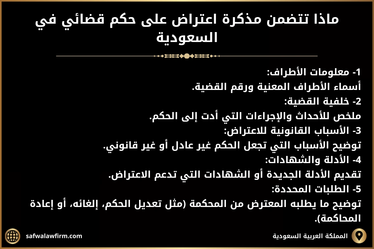 الاعتراض على الحكم القضائي في السعودية 2 ماذا تتضمن مذكرة اعتراض على حكم قضائي في السعودية.
1- معلومات الأطراف:
أسماء الأطراف المعنية ورقم القضية.
2- خلفية القضية:
ملخص للأحداث والإجراءات التي أدت إلى الحكم.
3- الأسباب القانونية للاعتراض:
توضيح الأسباب التي تجعل الحكم غير عادل أو غير قانوني.
4- الأدلة والشهادات:
تقديم الأدلة الجديدة أو الشهادات التي تدعم الاعتراض.
5- الطلبات المحددة:
توضيح ما يطلبه المعترض من المحكمة (مثل تعديل الحكم، إلغائه، أو إعادة المحاكمة).