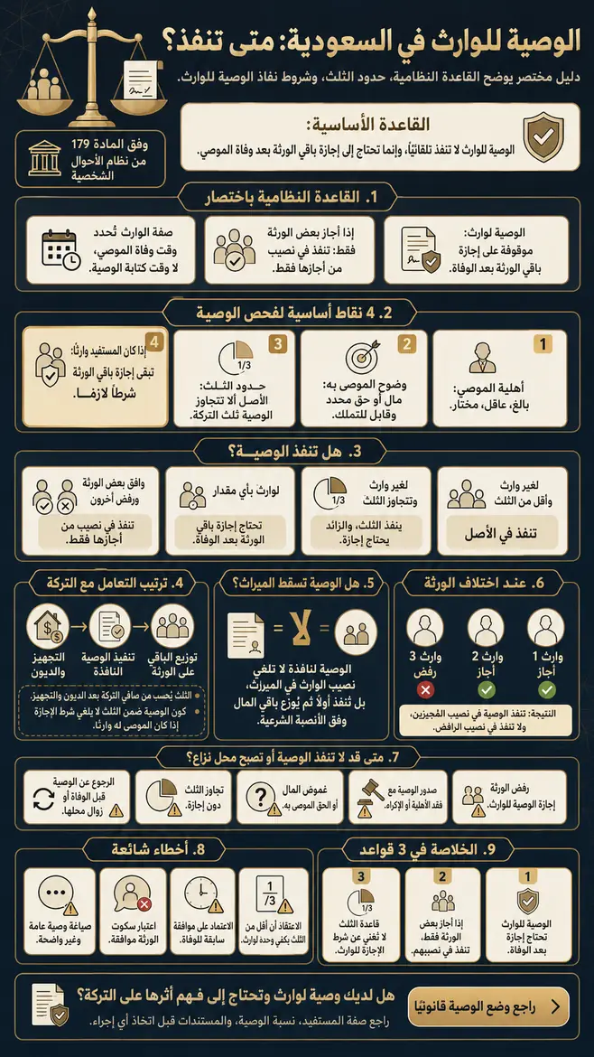 شروط الوصية للوارث ومتى تنفذ؟ دليل نظامي شامل 3 شروط الوصية لوارث في السعودية